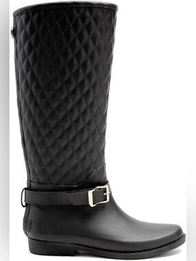 Guess Quilted Tall Rain Boot with Gold Buckle - Black